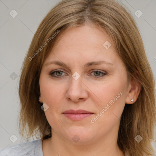 Joyful white young-adult female with medium  brown hair and blue eyes