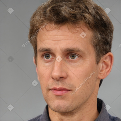 Neutral white adult male with short  brown hair and brown eyes