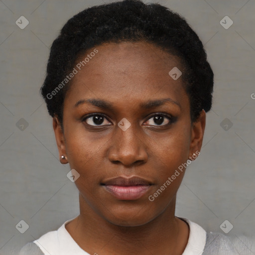 Neutral black young-adult female with short  black hair and brown eyes