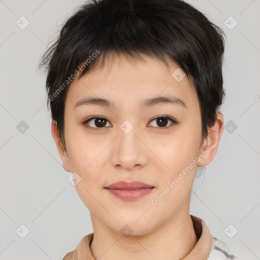 Joyful asian young-adult female with short  brown hair and brown eyes