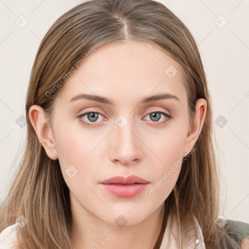 Neutral white young-adult female with long  brown hair and grey eyes