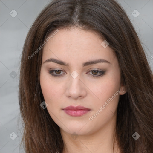 Neutral white young-adult female with long  brown hair and brown eyes