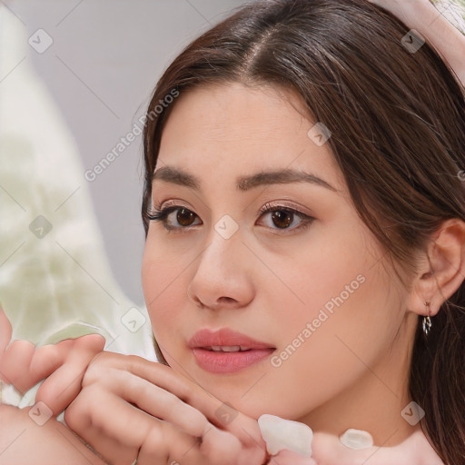 Neutral white young-adult female with medium  brown hair and brown eyes