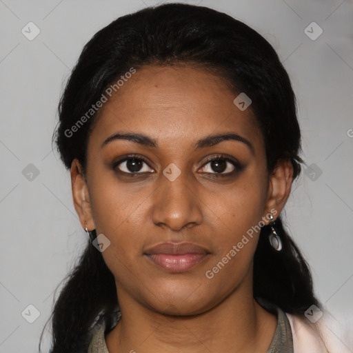 Joyful latino young-adult female with medium  black hair and brown eyes