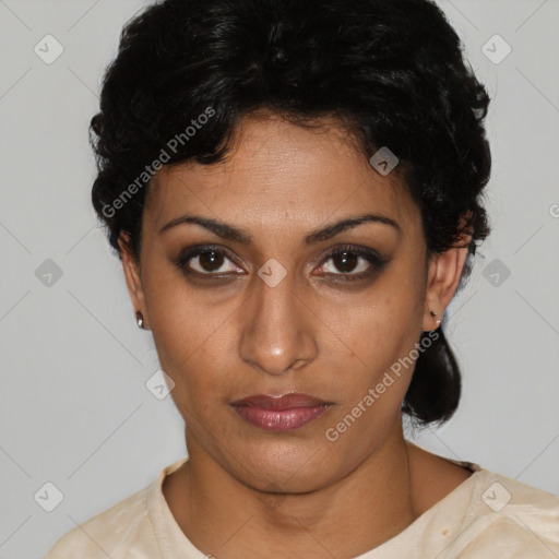 Neutral latino young-adult female with short  black hair and brown eyes