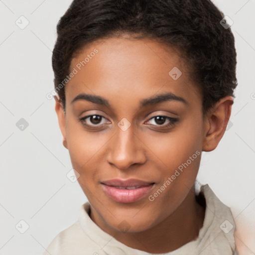 Joyful latino young-adult female with short  brown hair and brown eyes