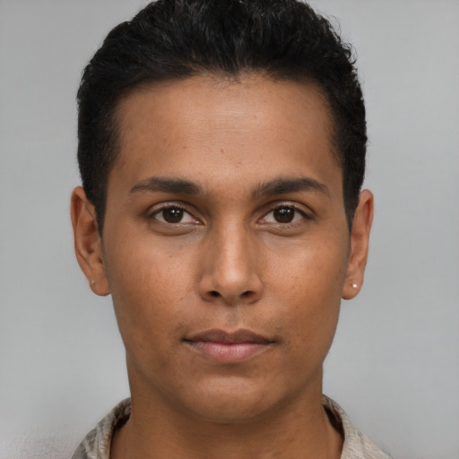Neutral asian young-adult male with short  brown hair and brown eyes