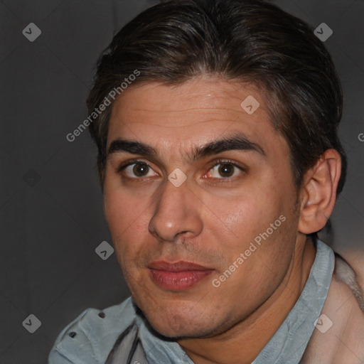 Joyful white adult male with short  brown hair and brown eyes