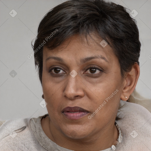 Joyful black adult female with short  brown hair and brown eyes