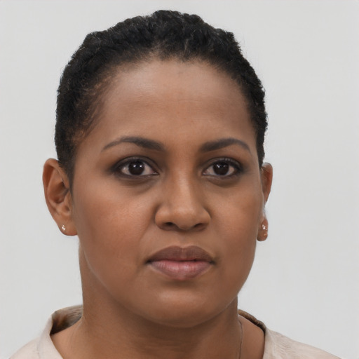 Joyful black young-adult female with short  brown hair and brown eyes