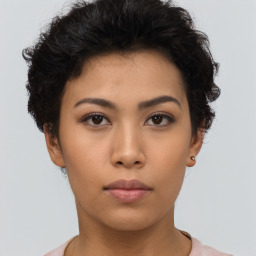 Neutral asian young-adult female with short  brown hair and brown eyes