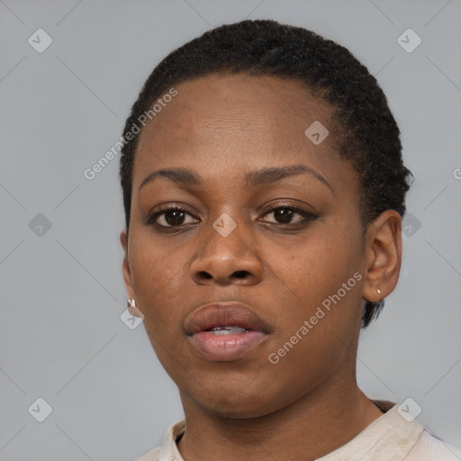 Neutral black young-adult female with short  black hair and brown eyes