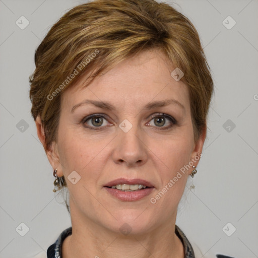 Joyful white adult female with medium  brown hair and grey eyes