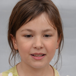 Joyful white child female with medium  brown hair and brown eyes