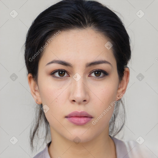 Neutral white young-adult female with medium  brown hair and brown eyes