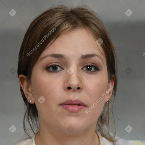 Neutral white young-adult female with medium  brown hair and brown eyes