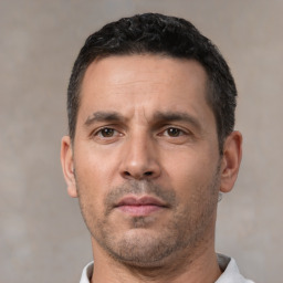 Neutral white adult male with short  black hair and brown eyes
