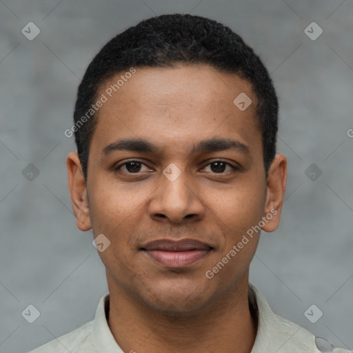 Joyful latino young-adult male with short  brown hair and brown eyes