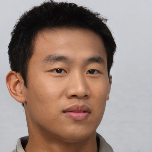 Neutral asian young-adult male with short  brown hair and brown eyes