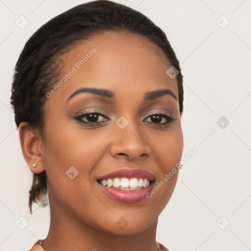 Joyful latino young-adult female with long  brown hair and brown eyes