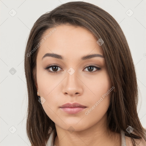 Neutral white young-adult female with long  brown hair and brown eyes