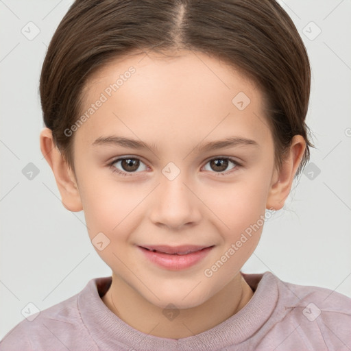 Joyful white child female with short  brown hair and brown eyes