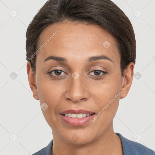 Joyful white young-adult female with short  brown hair and brown eyes