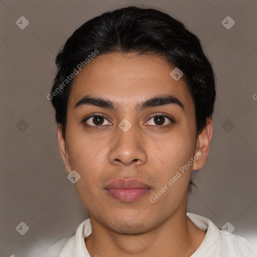 Neutral latino young-adult male with short  black hair and brown eyes