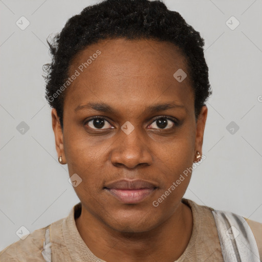 Neutral black young-adult female with short  brown hair and brown eyes