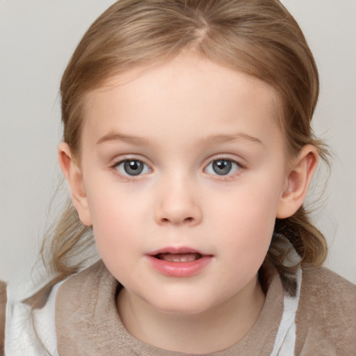 Neutral white child female with medium  brown hair and grey eyes