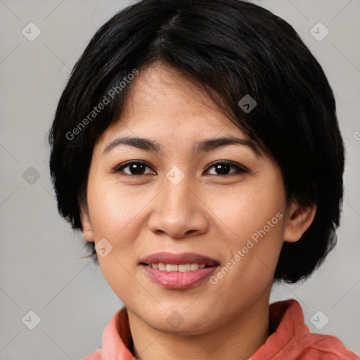 Joyful white young-adult female with medium  brown hair and brown eyes