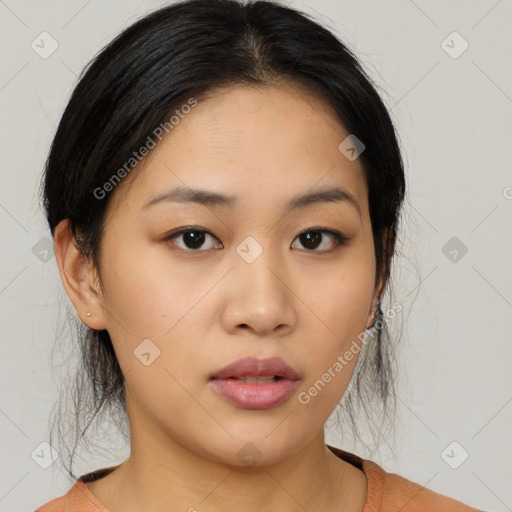 Neutral asian young-adult female with medium  black hair and brown eyes