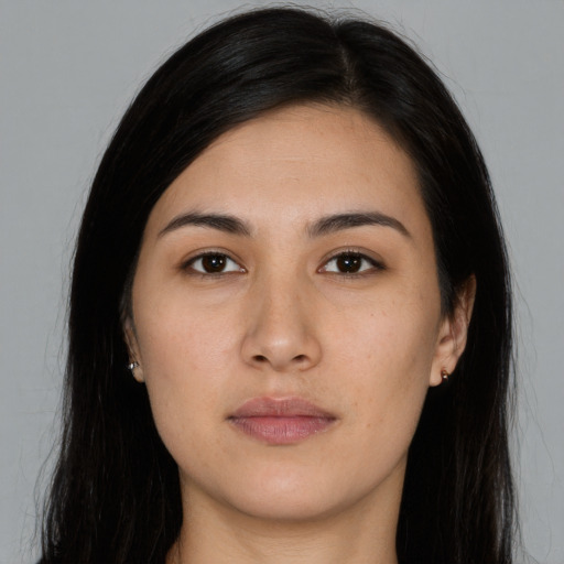 Neutral asian young-adult female with long  black hair and brown eyes