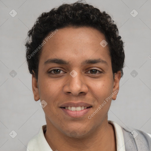 Joyful latino young-adult female with short  black hair and brown eyes