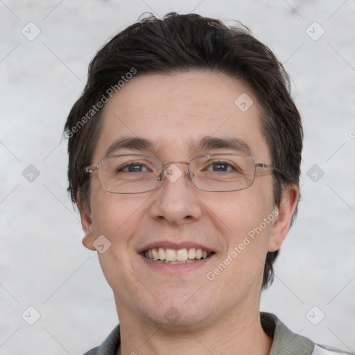 Joyful white adult male with short  brown hair and grey eyes