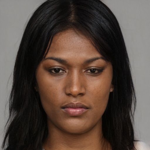 Neutral asian young-adult female with long  black hair and brown eyes