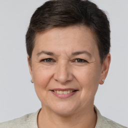 Joyful white adult female with short  brown hair and brown eyes