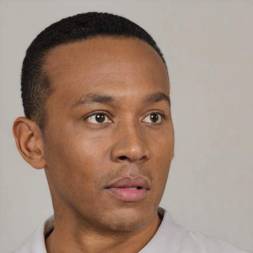 Neutral black young-adult male with short  black hair and brown eyes