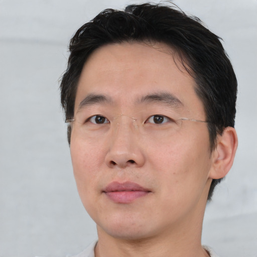 Neutral asian adult male with short  brown hair and brown eyes