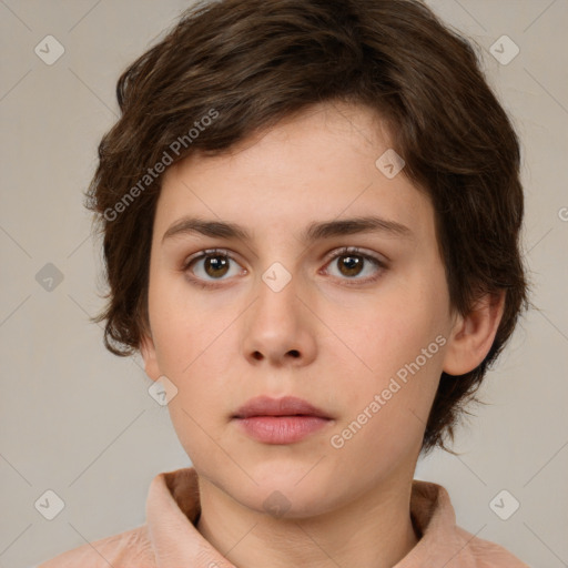 Neutral white young-adult female with short  brown hair and brown eyes