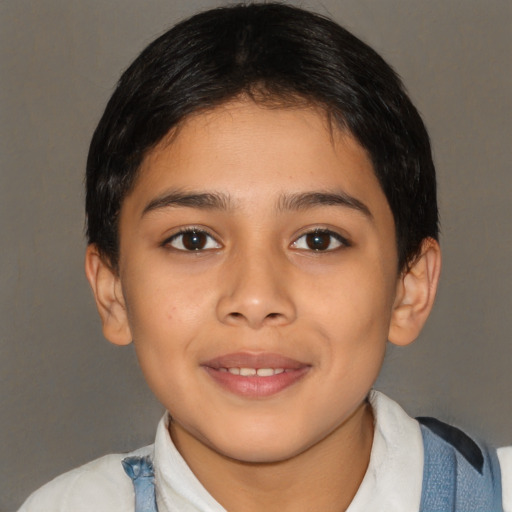 Joyful latino child female with medium  brown hair and brown eyes