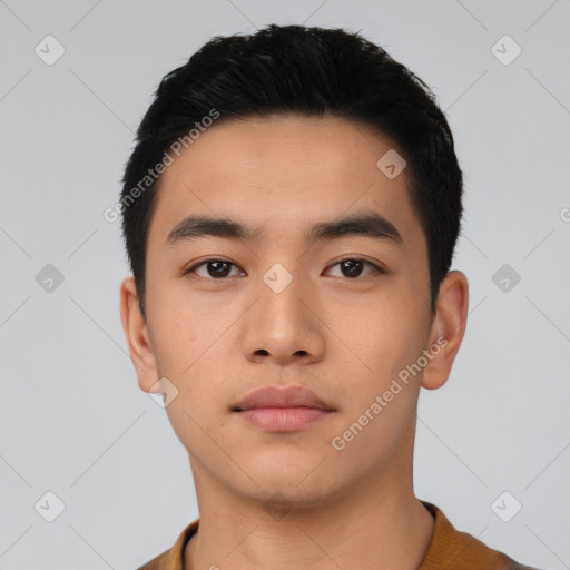 Neutral asian young-adult male with short  black hair and brown eyes