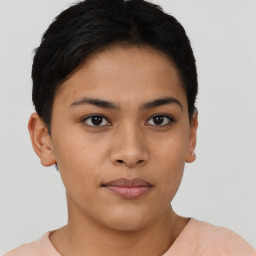 Neutral asian young-adult female with short  brown hair and brown eyes