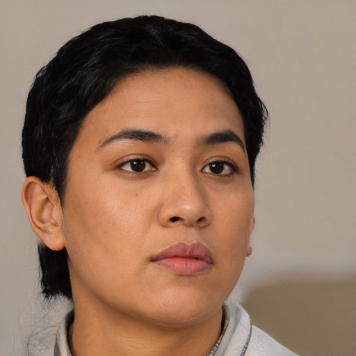 Neutral latino young-adult female with short  black hair and brown eyes
