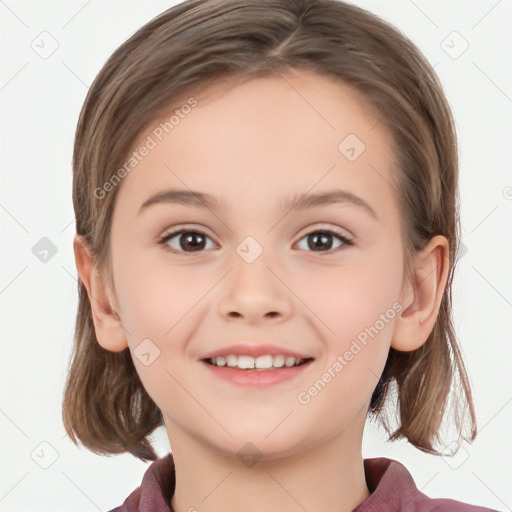 Joyful white child female with medium  brown hair and brown eyes