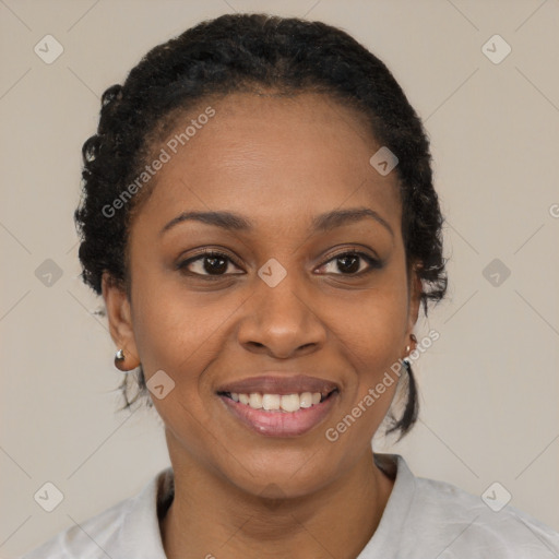 Joyful latino young-adult female with short  brown hair and brown eyes