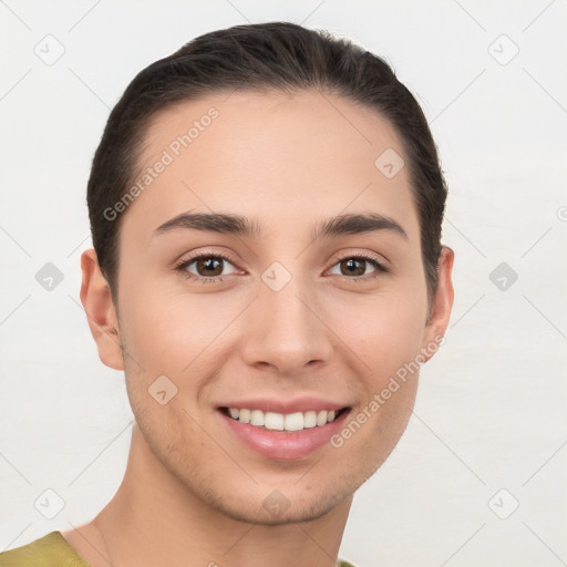 Joyful white young-adult female with short  brown hair and brown eyes