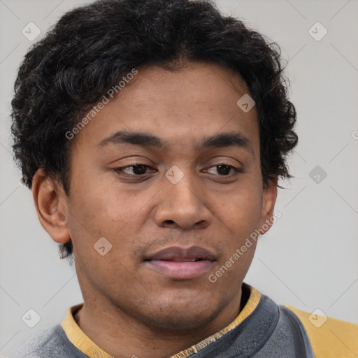 Neutral latino young-adult male with short  brown hair and brown eyes