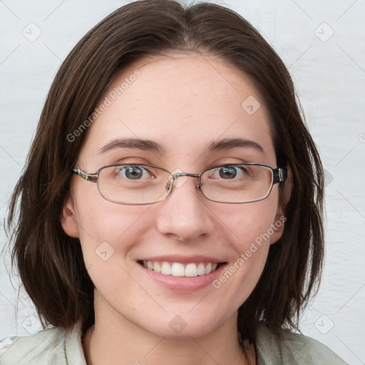 Joyful white young-adult female with medium  brown hair and blue eyes