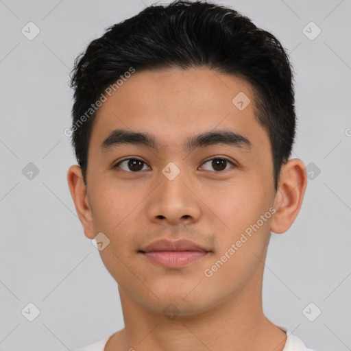 Neutral asian young-adult male with short  black hair and brown eyes